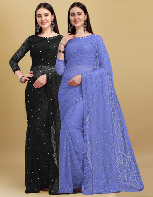 LOROFY Self Design Bollywood Net Saree(Pack of 2, Black, Purple)