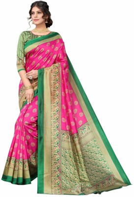 FashionMall Digital Print, Printed, Woven Banarasi Pure Silk Saree(Pink, Green)