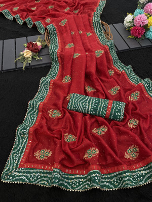 greeva enterprise Embroidered Bollywood Silk Blend Saree(Red)