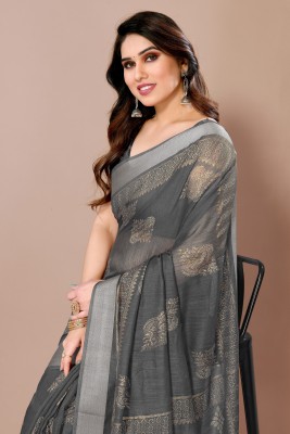 MIRCHI FASHION Printed, Blocked Printed, Embellished Daily Wear Cotton Blend Saree(Grey, Gold)