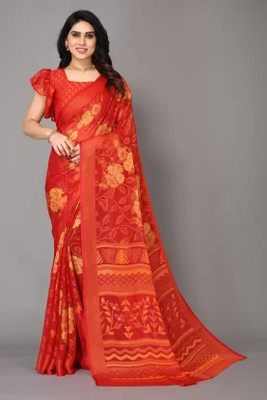 Sanjana Silks Floral Print Daily Wear Brasso Saree(Orange)