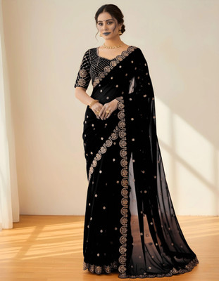 jashvicreation Embroidered, Embellished Bollywood Georgette Saree(Black)