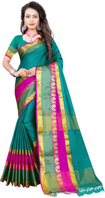 JS Clothing Mart Color Block Banarasi Silk Blend Saree(Dark Green)