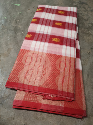 Balorampal Woven Tant Pure Cotton Saree(White, Red)