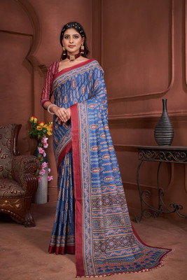 Moda Rapido Printed Bollywood Cotton Silk Saree(Blue)