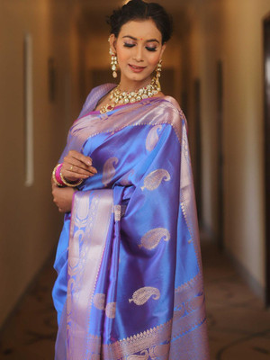Madhav Creation Woven Banarasi Art Silk Saree(Blue)