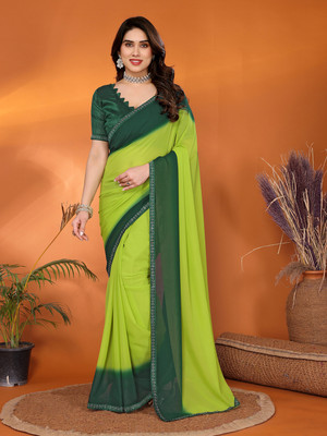 Anand Sarees Embellished, Ombre, Solid/Plain, Self Design Bollywood Georgette Saree(Green)