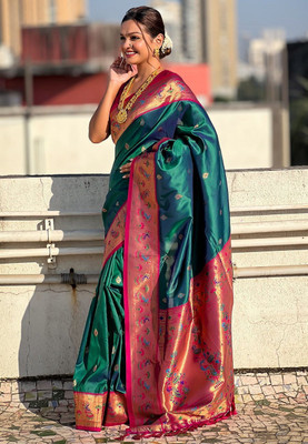 R S COLLECTIONS Woven Paithani Cotton Silk Saree(Dark Green, Magenta, Gold)