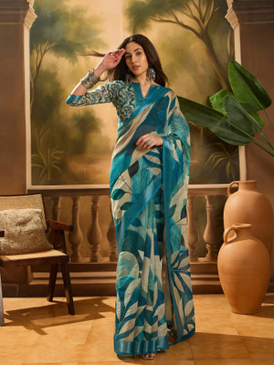 Sangria Printed Saree with Attached Blouse Cotton Blend Saree(Blue)