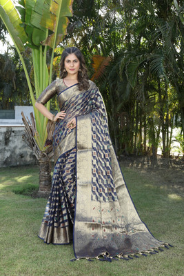 Shopwell Woven Kanjivaram Organza Saree(Dark Blue)