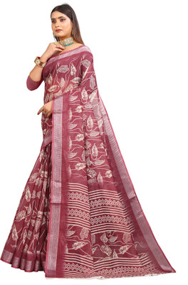 HouseOfCommon Printed Kanjivaram Pure Cotton, Cotton Linen Saree(Maroon)