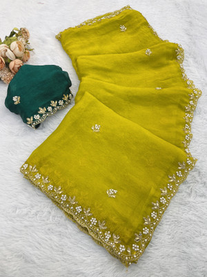 BELLETRENDZ Embellished Bollywood Jimmy choo Saree(Yellow)