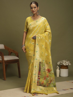 Sangria Woven Banarasi Organza Saree(Yellow)