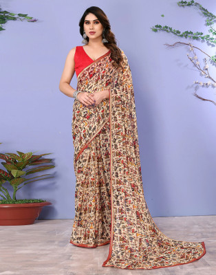Samah Printed, Embellished Daily Wear Chiffon Saree(Beige, Multicolor)