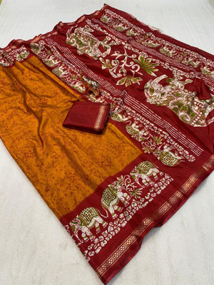 2SD gratitude Printed Kalamkari Cotton Linen, Dupion Silk Saree(Orange)