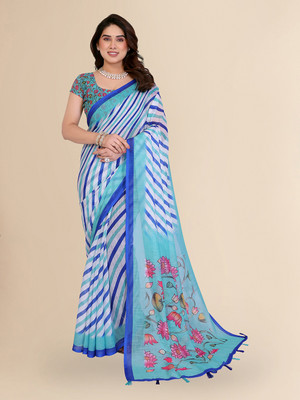 Moda Rapido Striped Bollywood Cotton Blend Saree(Blue)