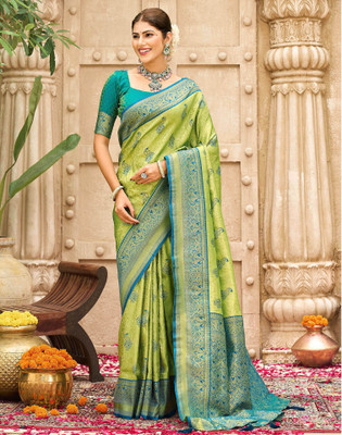 Satrani Woven, Embellished Banarasi Silk Blend Saree(Green, Blue)