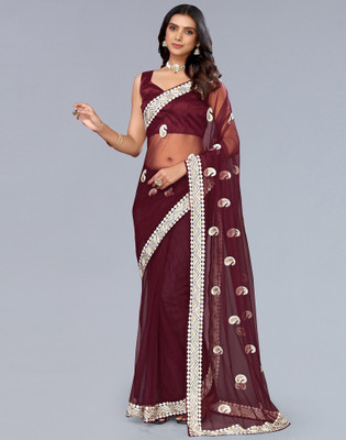 Satrani Embroidered, Embellished Bollywood Net Saree(Maroon)