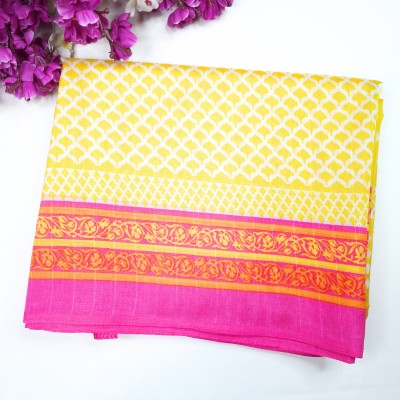 Sai Kripa Designer House Printed Daily Wear Cotton Blend Saree(Yellow, Blue, Pink)