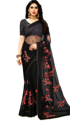 RITYANUSAR Embroidered Bollywood Net Saree(Black)
