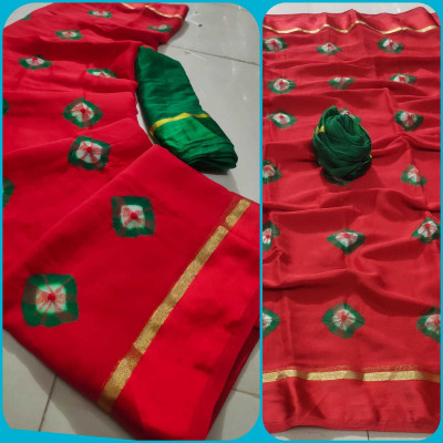 RGF Floral Print Bandhani Chiffon Saree(Red)