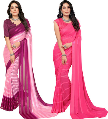 Moda Rapido Self Design, Striped, Ombre Bollywood Satin Saree(Pack of 2, Pink, Purple)