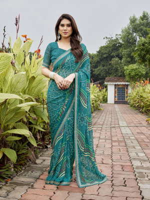 TTH Printed Bandhani Georgette Saree(Dark Blue, Green, Red)