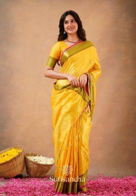 NAMITASAREES Solid/Plain Saree with Attached Blouse Tissue Saree(Yellow)