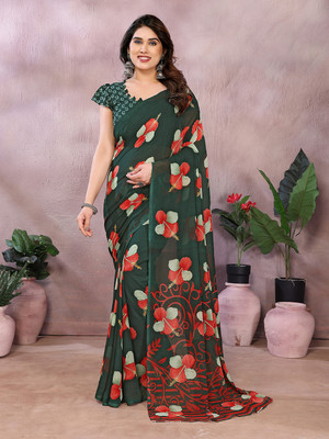 Anand Sarees Floral Print Daily Wear Georgette Saree(Dark Green, Red)