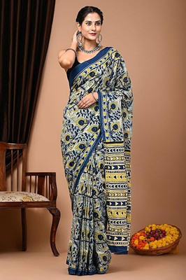 Craftmusium Printed Handloom Pure Cotton Saree(Blue)