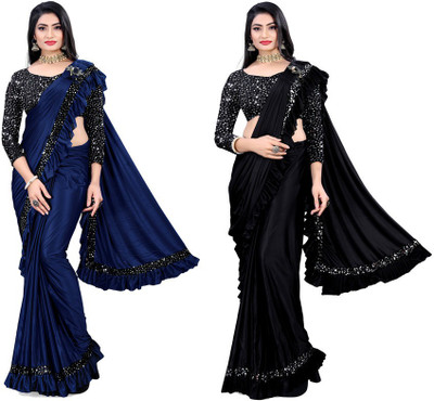 HARIOM FASHION Woven, Embellished, Solid/Plain Bollywood Lycra Blend Saree(Pack of 2, Multicolor)