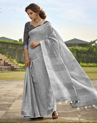 Samah Woven, Embellished, Self Design Banarasi Pure Cotton Saree(Grey, White, Silver)