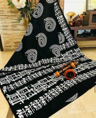 NIKHILAM Printed Ikkat Pure Cotton Saree(Black)