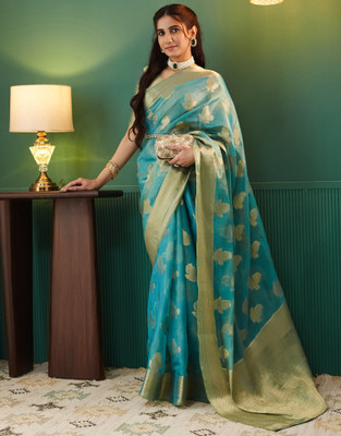 Satrani Woven, Embellished Banarasi Tissue Saree(Blue)