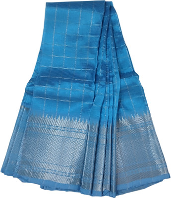 GRUHA LAKHSMI SAREES Checkered, Woven, Self Design Mangalagiri Handloom Cotton Blend, Silk Blend Saree(Blue)
