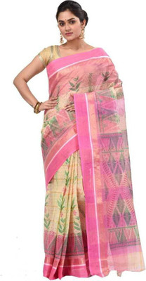 DipDiya Checkered Tant Pure Cotton Saree(Pink)