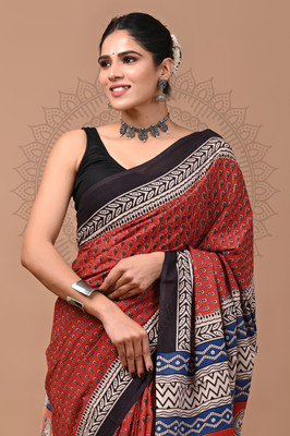 Taavi Blocked Printed Kota Doria Mulmul Saree(Red)