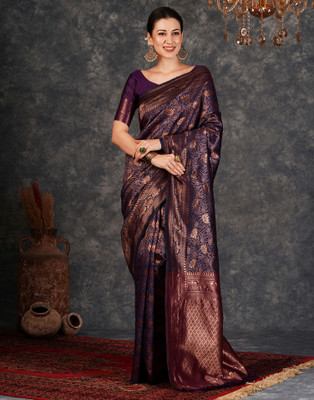 Samah Dyed, Woven, Self Design Banarasi Silk Blend, Jacquard Saree(Blue, Purple)