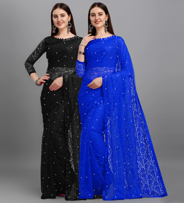 LOROFY Self Design Bollywood Net Saree(Pack of 2, Blue, Black)