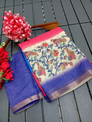 HouseOfCommon Printed, Floral Print Kanjivaram Linen, Cotton Linen Saree(Multicolor)