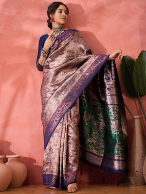 Sangria Self Design Saree with Attached Blouse Silk Blend Saree(Dark Blue)