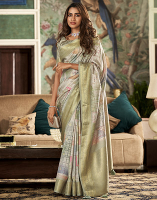 Samah Geometric Print, Printed, Self Design Handloom Pure Silk Saree(Beige, Green)