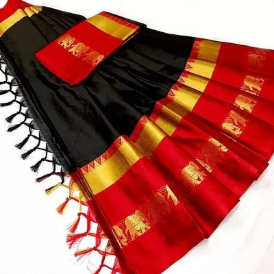 Mortal Textile Printed Handloom Cotton Silk Saree(Black, Red)