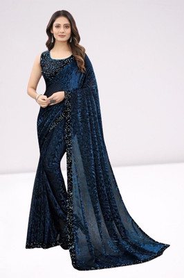 Vragi Floral Print Bollywood Lycra Blend Saree(Blue)