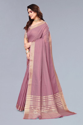 BFM Solid/Plain, Woven, Self Design Saree with Attached Blouse Linen Saree(Purple)