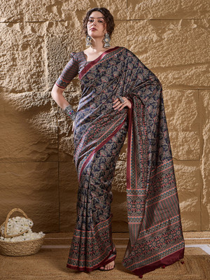 ANOUK Digital Print Daily Wear Silk Blend Saree(Dark Blue)