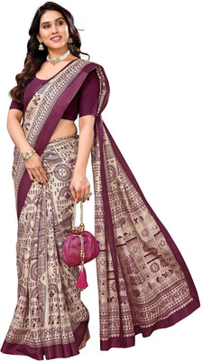 ROOP SUNDARI SAREES Animal Print Kalamkari Art Silk Saree(Purple, Beige)