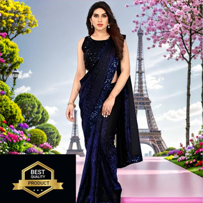 Vragi Embellished Bollywood Lycra Blend Saree(Dark Blue)