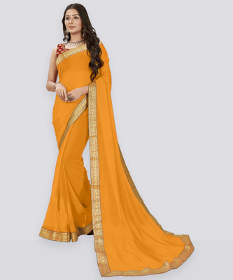 Anand Sarees Embellished, Solid/Plain Bollywood Chiffon Saree(Yellow)