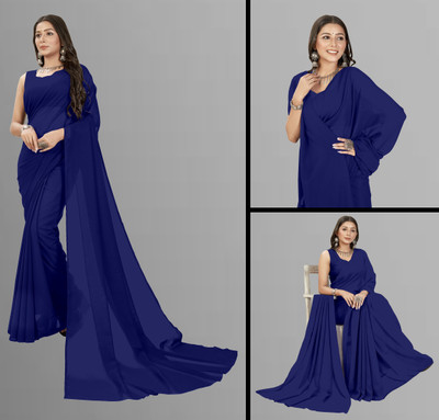 Anand Sarees Solid/Plain Daily Wear Georgette Saree(Dark Blue)